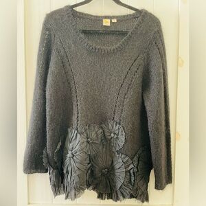 Women’s Anthropologie Yellow Bird Black Mohair Sweater Pullover Floral XL